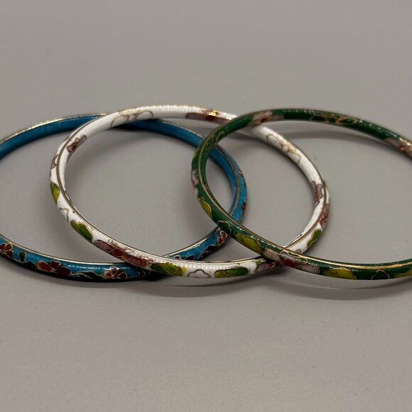 Vintage Cloisonne Bangle Bracelets - Floral Blue White Green (Set of 3) - Picture 3 of 5